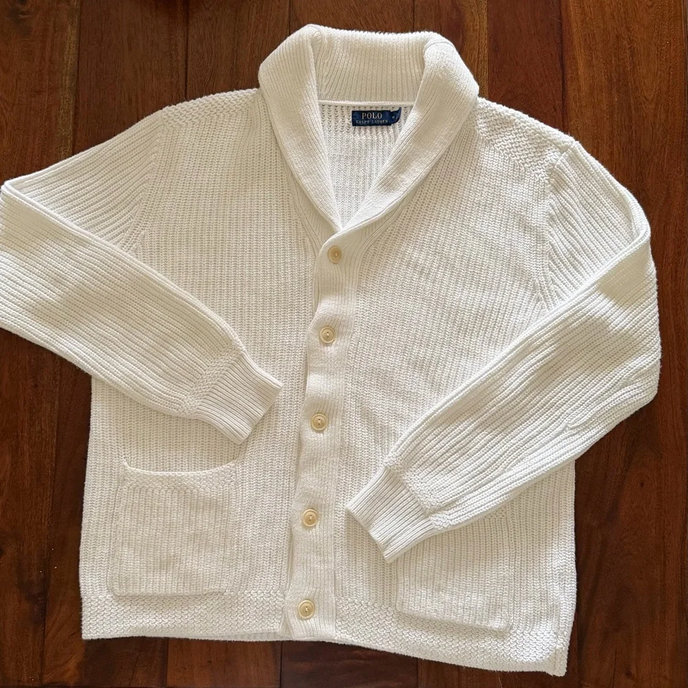 Polo Ralph Lauren Men’s Ribbed 100% Cotton Shawl Collar White Knit Cardigan Sz M
